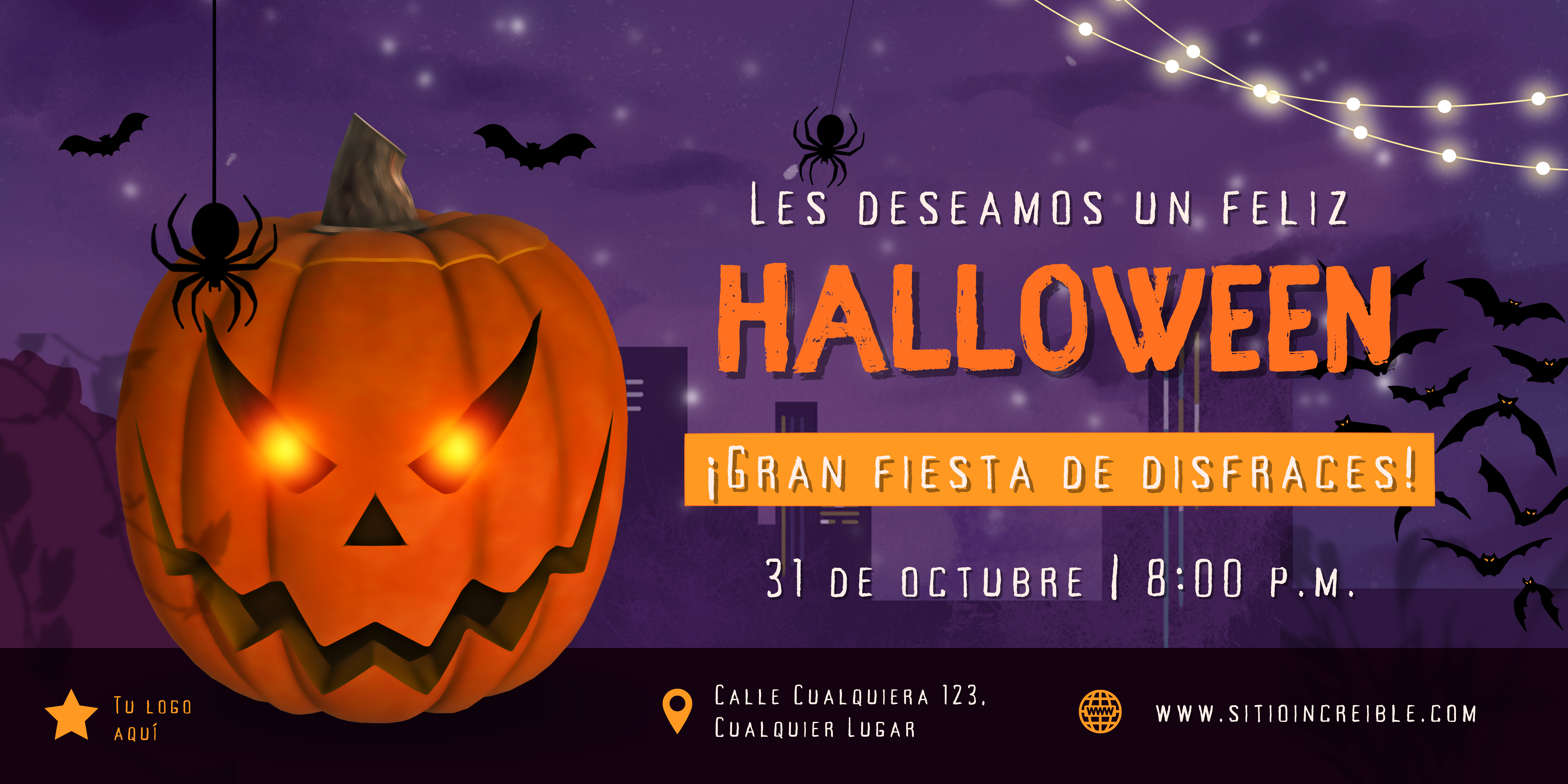 Banner Horizontal Halloween Evento de Terror Llamativo Naranja Morado